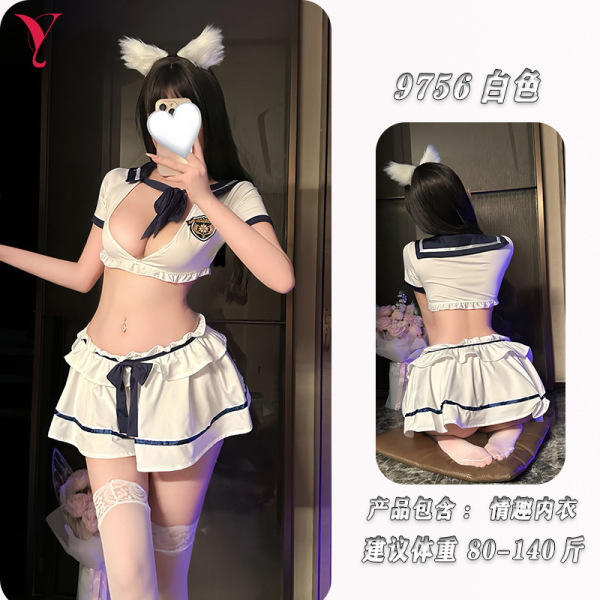 NightSiren Sweet-Spicy Sailor Uniform Set - Seductive College Style Mini Skirt Lingerie Outfit - Pure and innocent schoolgirl outfit + matching stockings + matching long hairband