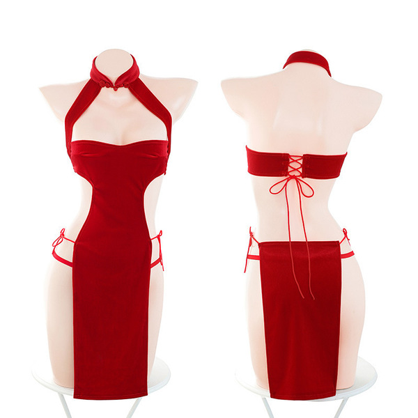 Pure temptation lace -inspired sexy long dress with high slit & open back for women, featuring elegant design and vibrant re...