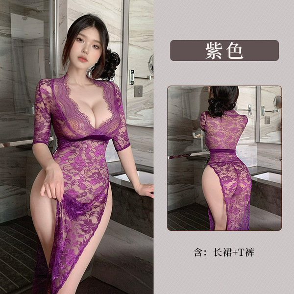 Fan Lei Women's Lace Sexy Sheer Long Dress - Provocative Side-Slit Bodycon Lingerie Sleepwear Set - Purple long skirt + thong + black stockings