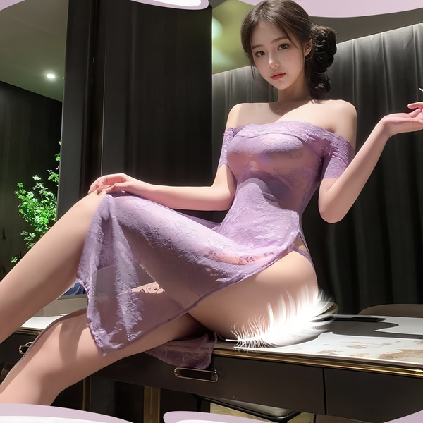 Seductive split long dress lingerie set - pure & tempting lace couple sleepwear, cheongsam-style robe with matching cami