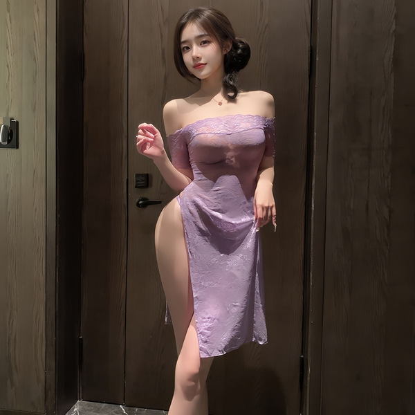 Seductive split long dress lingerie set - pure & tempting lace cheongsam-style robe with matching cami