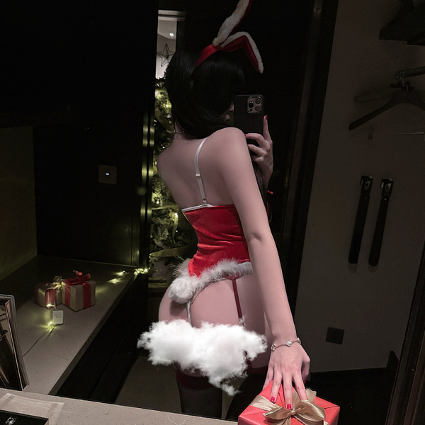Sexy red lace long rabbit ear costume with bunny girl outfit for new year and party events, featuring festive design and play...