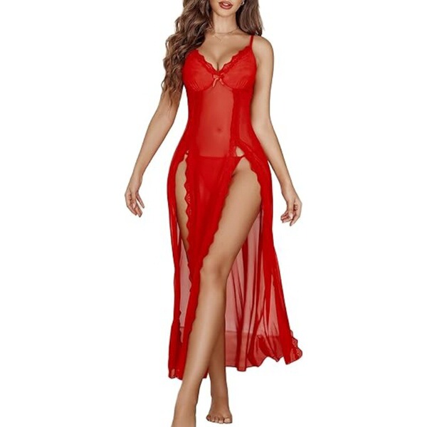 Long sheer lace evening dress with high slit, sexy mesh design, -inspired erotic lingerie style.