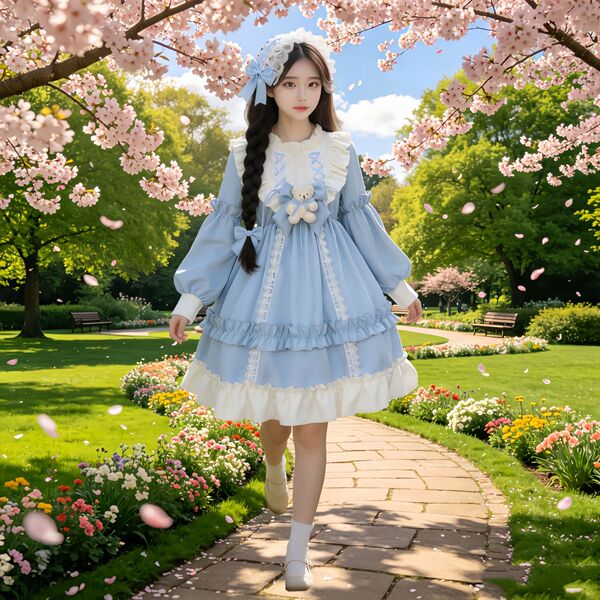 New Japanese Lolita Dress for Girls - Cute Kawaii Student A-Line Skirt, Soft Girly Princess Cosplay Outfit - Sky blue long-sleeved Lolita dress + free teddy bear bow + free headband