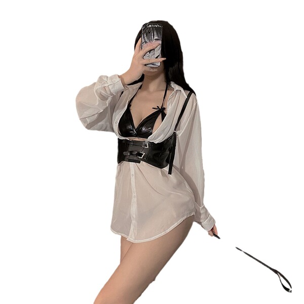 White lace long-sleeve shirt paired with black strap harness, perfect for role play and cosplay outfits.