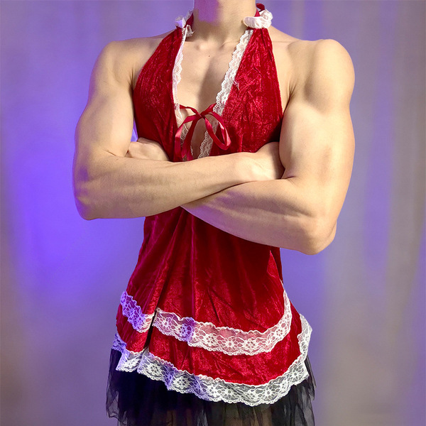 Sexy red lace halter dress with black tulle skirt, perfect for festive occasions or evening wear.