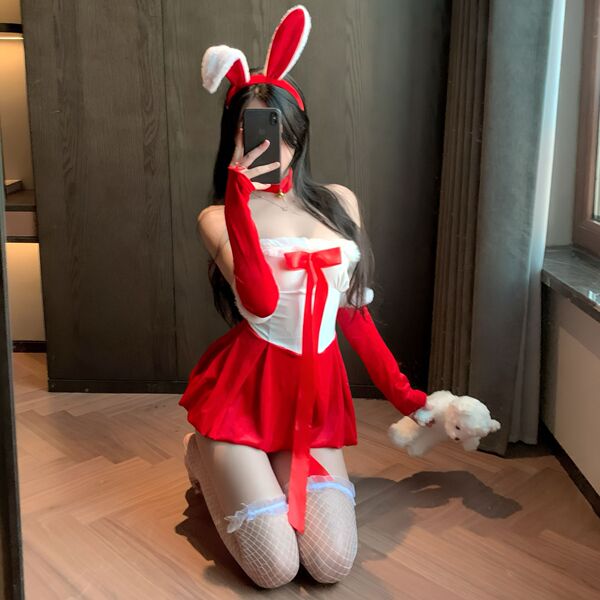 Sexy bunny costume for women featuring red and white outfit with bunny ears, perfect for new year and christmas role play, no...