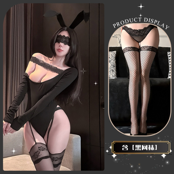 JinXiao Alluring Lace Bodysuit - Sexy Sheer Slanted Shoulder Pure Temptation High-End Sensual Lingerie - Lulu's bare shoulders + black fishnet stockings