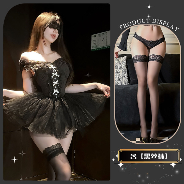 Chaomu Puff Skirt Lingerie - Elegant Seductive Pure-Yet-Restrained Erotic Underwear Set - Soft, flowing fabric + black stockings