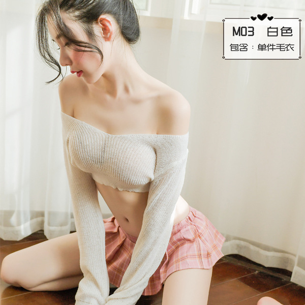Sexy Off-Shoulder Lace Bralette Set - Seductive Student Uniform Style Lingerie Outfit - M03 White Sweater