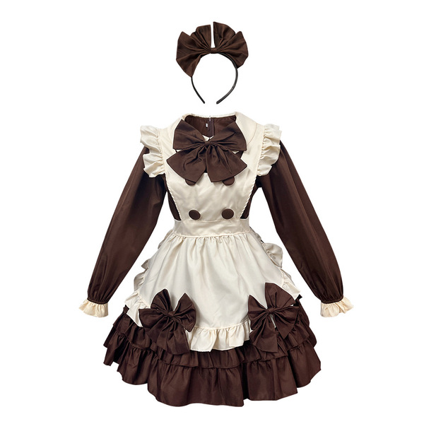 Sweet french-inspired maid outfit featuring a charming lolita dress with puff sleeves, ruffled apron, and large bows for a de...