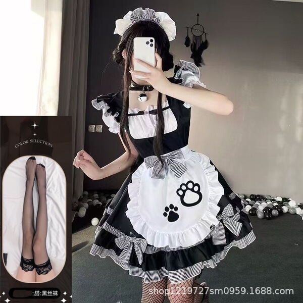 Adorable Maid Costume for Women - Kawaii Cat Lolita Dress, Japanese Anime Cosplay Outfit with Petticoat & Accessories - Maid outfit + black stockings