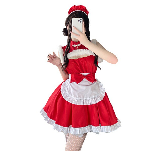 Red maid costume cosplay dress with white apron, perfect for anime cat girl lolita outfits for women.