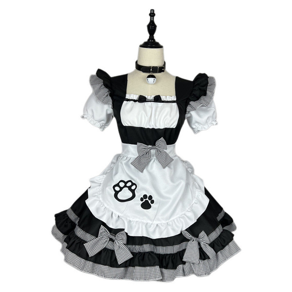 Cute maid costume cosplay outfit featuring a black and white lolita-style dress with cat ears, soft and adorable design perfe...
