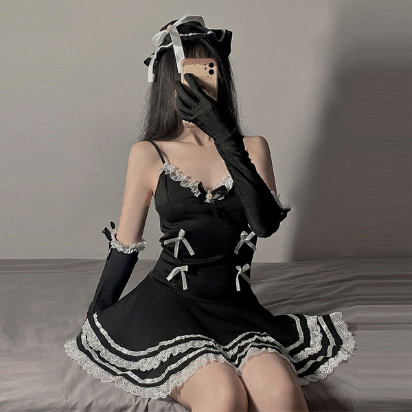 Lolita Maid Costume Sleepwear Set - Sexy Lace Trimmed Strap Nightdress with Matching Accessories - Maid outfit [includes hat and gloves]