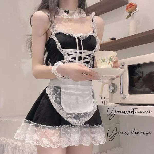 Sexy lace maid costume for women featuring ruffled hem and sheer details, perfect for role play outfits.