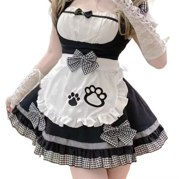 Cute maid lolita dress for girls featuring a black and white checkered apron with cat paw prints, perfect for cosplay outfits...