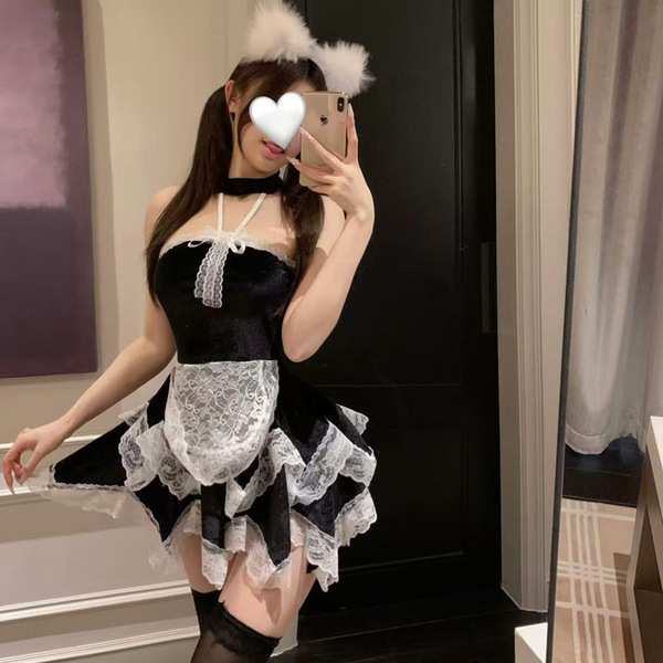 Pure & Playful Lingerie Set - Sexy Maid Costume Sleepwear for Women, No-Remove Design - Maid outfit [clothes + thong + white open-crotch stockings + headdress]