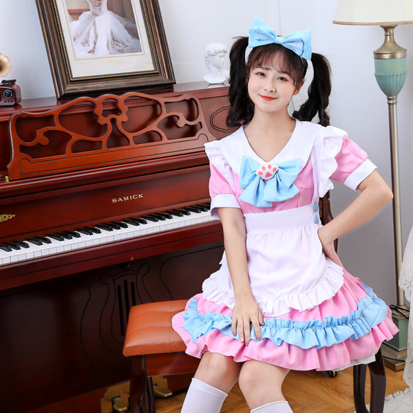 Miracle Nikki World Tour Red Wine Sweetheart Maid Outfit - Lolita Cosplay Costume for Girls - Maid pink six-piece set + stockings