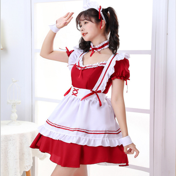 Miracle Nikki World Tour Red Wine Sweetheart Maid Outfit - Lolita Cosplay Costume for Girls - Maid outfit (red, six pieces) + stockings