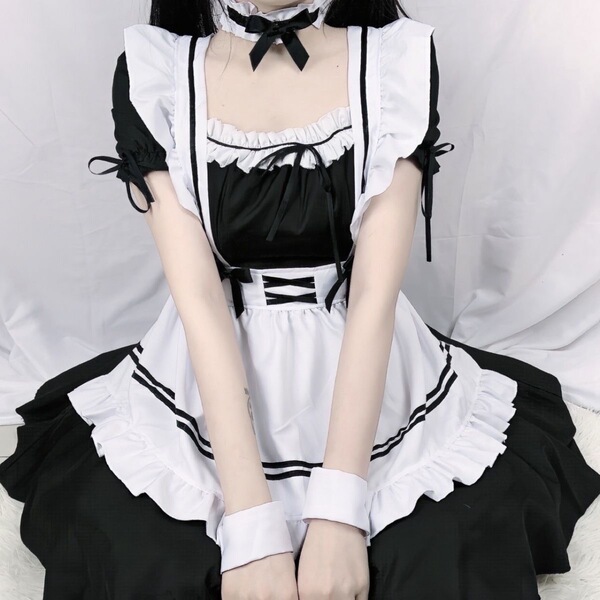 Tifei QQNY Plus Size Maid Cosplay Dress - Cute Sexy Lolita Student Uniform Costume for Women - Maid uniform + black fishnet stockings
