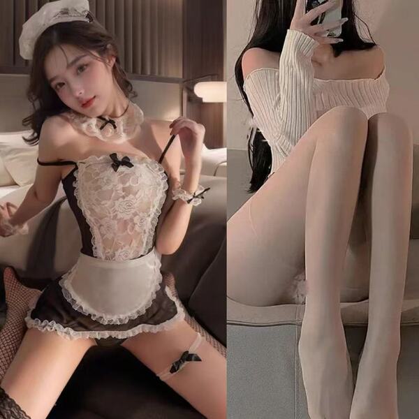 Sexy Maid Costume for Women - Plus Size Seductive Lingerie Sleepwear Set, Busty & Curvy Friendly Outfit - Maid + White Open Crotch Stockings