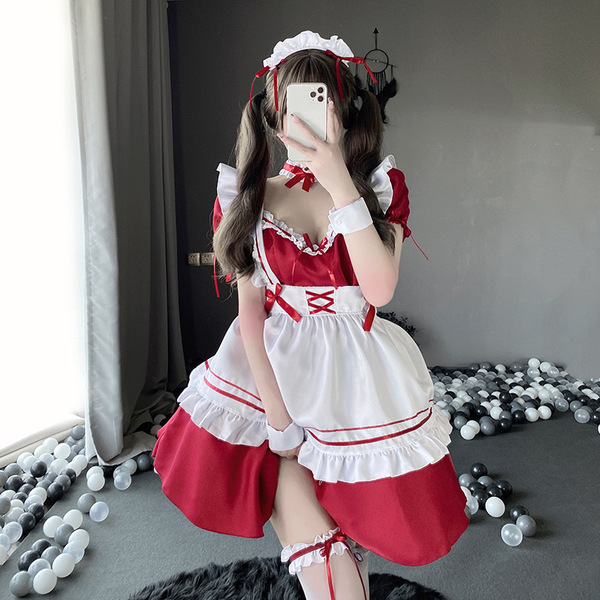Japanese Maid Costume Lolita Cosplay Outfit - Cute Anime Maid Dress for Stage Performance & Themed Parties - Maid red without stockings
