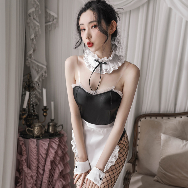 Sexy Maid Costume for Women - PVC Leather Bunny Girl Outfit, Role Play Lingerie Set for Nightclub & Cosplay - Maid outfit + fishnet stockings