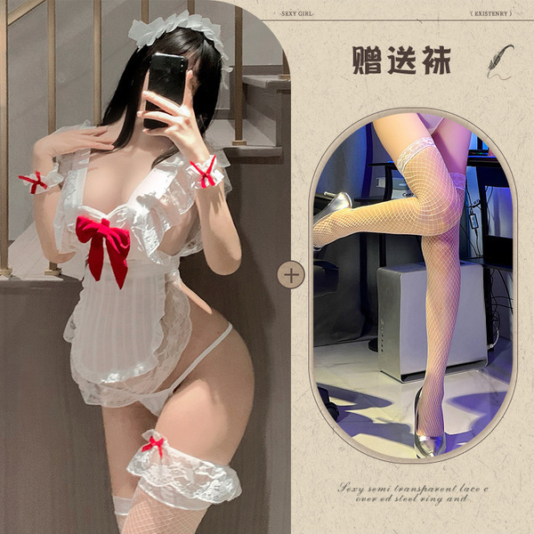 Sexy Maid Costume Set for Women – Lacy French Maid Outfit with Ruffled Apron & Removable Design - Maid outfit + white fishnet stockings
