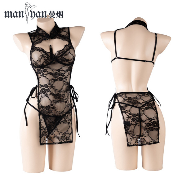 Vintage lace halter nightgown with sheer mesh design, elegant and feminine style for women.