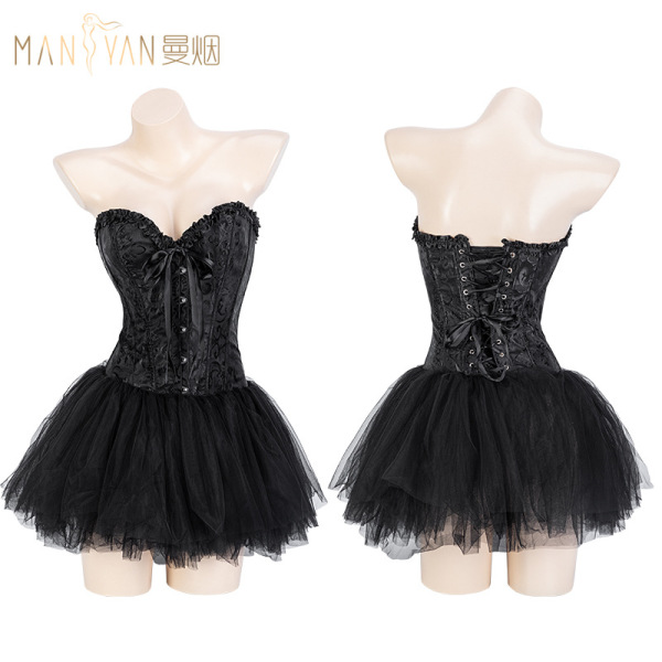 Mannyan dark angel corset set: sexy lace mesh bodysuit with boning, strapless bra top, and tulle skirt for women.