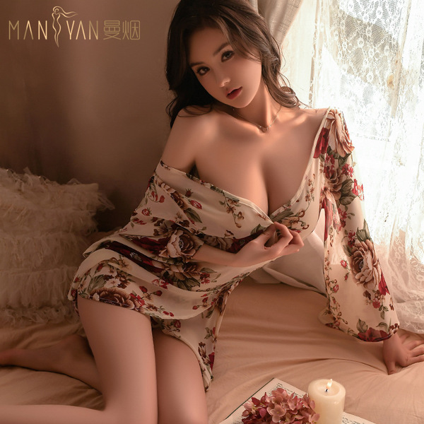 Elegant floral design deep v-neck silk robe paired with sheer kimono sleep set, perfect for luxurious nightwear.