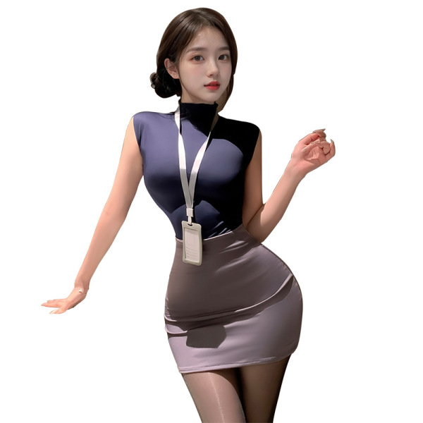 Woman wearing mannyan sexy lingerie set – pure & tempting secretary outfit with pencil skirt & matching sleep dress, sleek an...