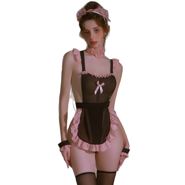 Sexy maid costume set featuring open-crotch design, elegant pink accents, and sheer stockings for womens erotic lingerie.