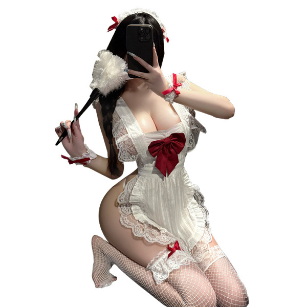 Woman in white lace maid costume with red bow, fishnet stockings, and feather duster for roleplay.