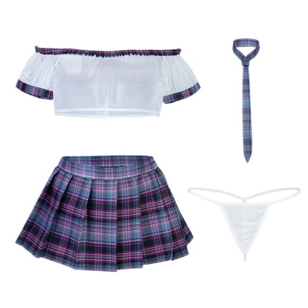 Mannyan sexy schoolgirl jk skirt set featuring a plaid skirt, off-shoulder crop top, tie, and thong, perfect for a bold schoo...