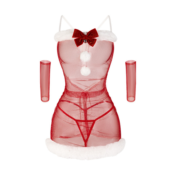 Mannyan sexy new year lingerie set - sheer bodycon dress with strapless bodice for women, featuring cat ears, red bow, and wh...