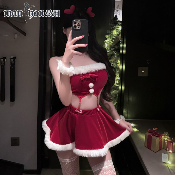Woman in mannyan new year lingerie set - sexy velvet off-shoulder sleep dress with reindeer motif, christmas pure-seductive o...