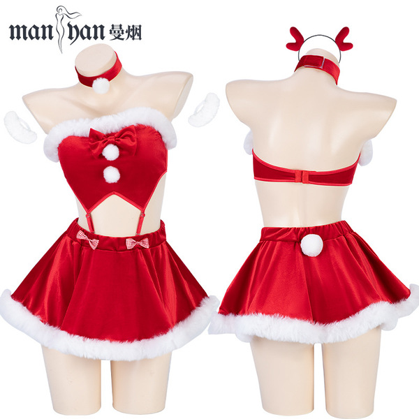 Sexy plush sleep dress and costume outfit from manyan new year, featuring festive red design with white fur trim and playful ...