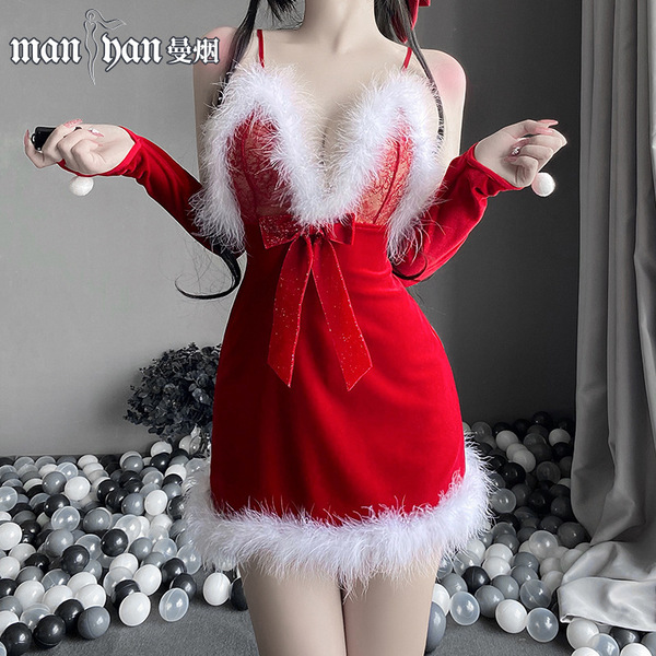 Sexy sheer lace cami nightgown with plush trim and bow, perfect christmas costume outfit.