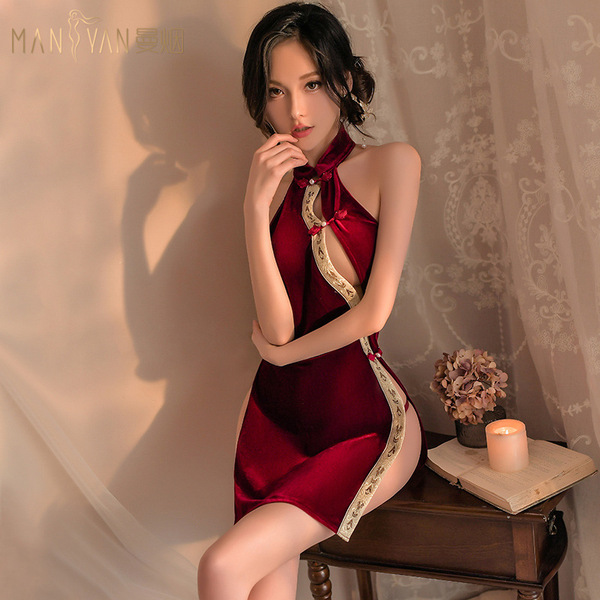 Manyan new year red velvet cheongsam dress - sexy halter neck chinese style open-front slit lingerie