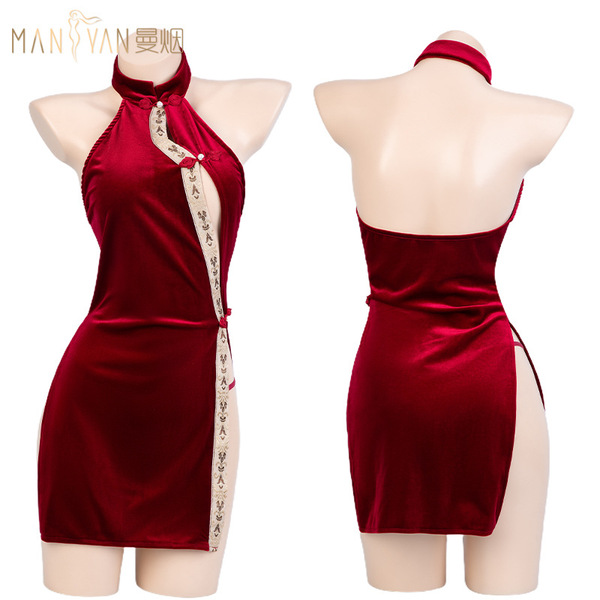Manyan new year red velvet cheongsam dress - sexy halter neck chinese style open-front slit lingerie