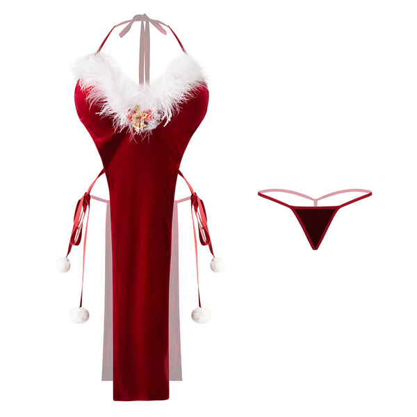 Manyan new year velvet slip dress featuring festive design with white feathers and red accents, perfect for holiday-themed sl...