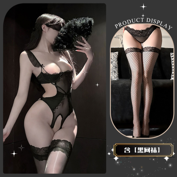 Pure & Playful Lingerie Set with Underwire Support – Seductive Sheer Lace Bra & Matching Thong with Stockings - Wild Jujube* Black + Black Fishnet Stockings