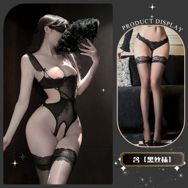 Pure & Playful Lingerie Set with Underwire Support – Seductive Sheer Lace Bra & Matching Thong with Stockings - Wild Jujube* Black + Black Stockings