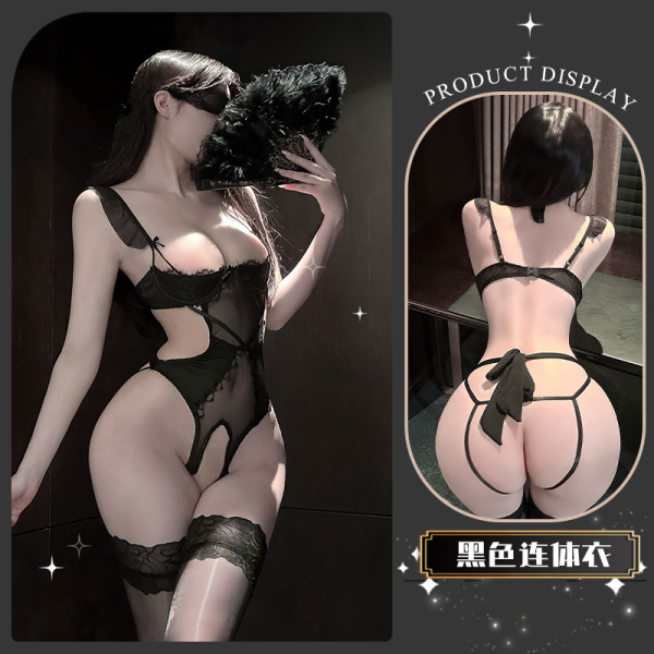Chaomu Sensual Lingerie Set with Underwire – Pure & Tempting Erotic Outfit for Women, Sheer Mesh + Stockings - Wild Jujube*Black [Steel Support Lotus Leaf One-Piece Bodysuit]