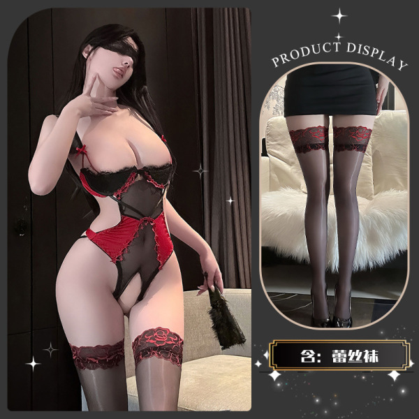 Pure & Playful Lingerie Set with Underwire Support – Seductive Sheer Lace Bra & Matching Thong with Stockings - Red Jujube with matching socks