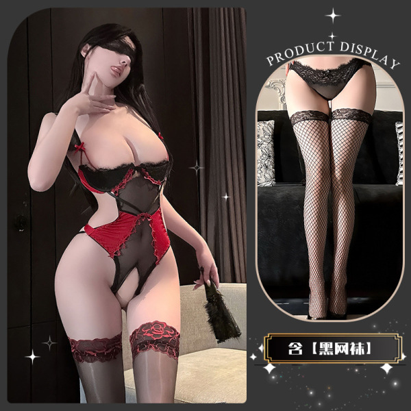 QingShe Lingerie Set - Sexy Pure-Yu Style Underwire Bra & Matching Sheer Stockings for Women - Red and black fishnet stockings