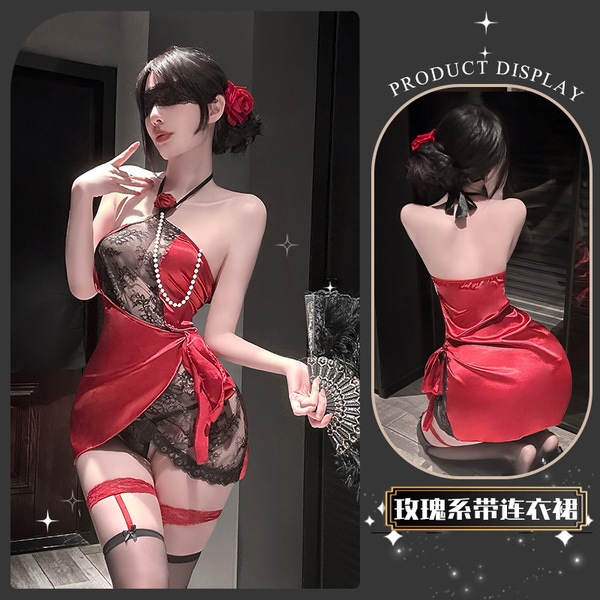 QingShe Rose Lace Bondage Lingerie Set – Seductive String Bikini with Beaded Details, Pure & Tempting Erotic Underwear - Man Yi Xiao Gui ~ [Includes T-shirt]