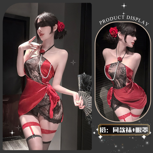 Rose Lace Lingerie Set - Sensual Sheer Romantic Underwear for Women, Pure Desire Erotic Intimate Wear - Manyi Xiaogui ~ Matching socks + eye mask